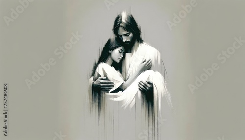 Young woman in white dress in the arms of Jesus. Digital illustration.