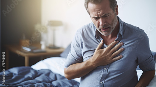 A man with heart pain in his chest, keeps his hands on his chest photo