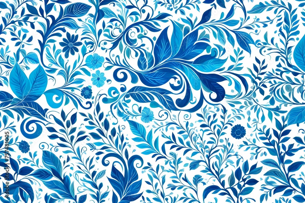 Obraz premium seamless pattern with flowers, Immerse yourself in a world of whimsical beauty with an AI-generated image of a blue and white background adorned with swirls and leaves