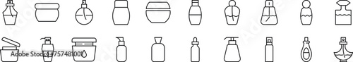 Collection of outline symbol of cosmetic bottles. Editable stroke. Simple linear illustration for stores, shops, banners, design