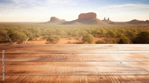The empty wooden table top with blur background of Australian outback. Exuberant image. generative ai