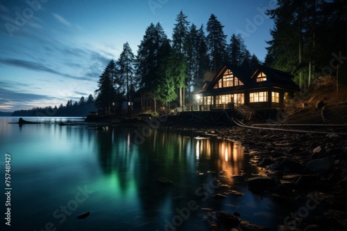 House on lakeshore at night, surrounded by trees under starlit sky