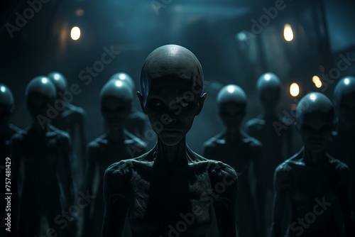 A group of humanoid figures, mysterious alien men standing in a dimly lit room, their silhouettes barely visible in the darkness. photo