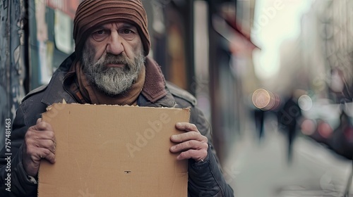 Silent plea: Witness a rough-looking man adorned in a blank sandwich board, highlighting societal struggle and poverty in an urban environment. © pvl0707