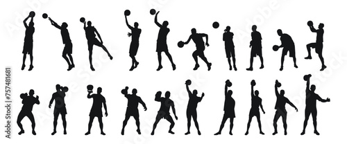 Silhouettes of sports figures of basketball players, weight lifters, isolated vector