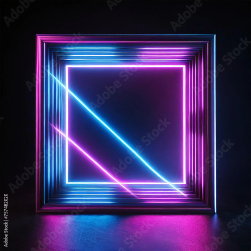 Frame with neon color motion graphic on black background.
