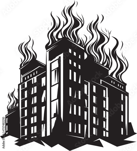 Incendiary Alert Building on Fire Vector Black Logo Icon Disaster Emblem Burning Building Vector Black Logo Design