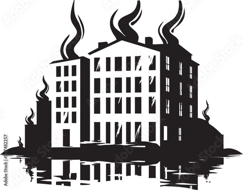 Disaster Preparedness Blaze in Building Vector Black Logo Design Incendiary Logo Building on Fire Vector Black Logo Icon