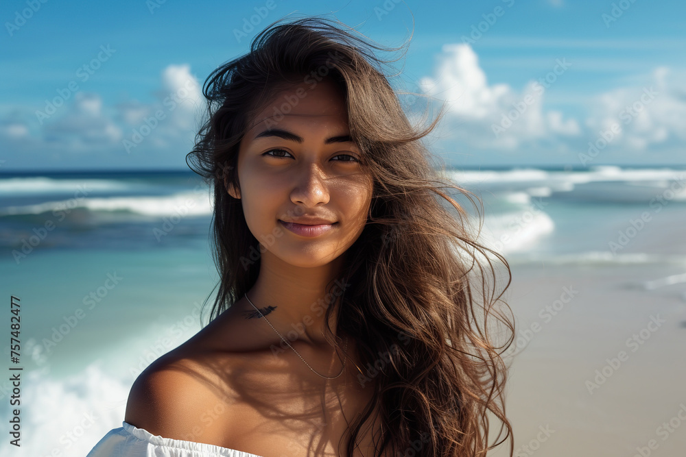 Portrait of Indonesian young woman on beautiful tropical sandy beach