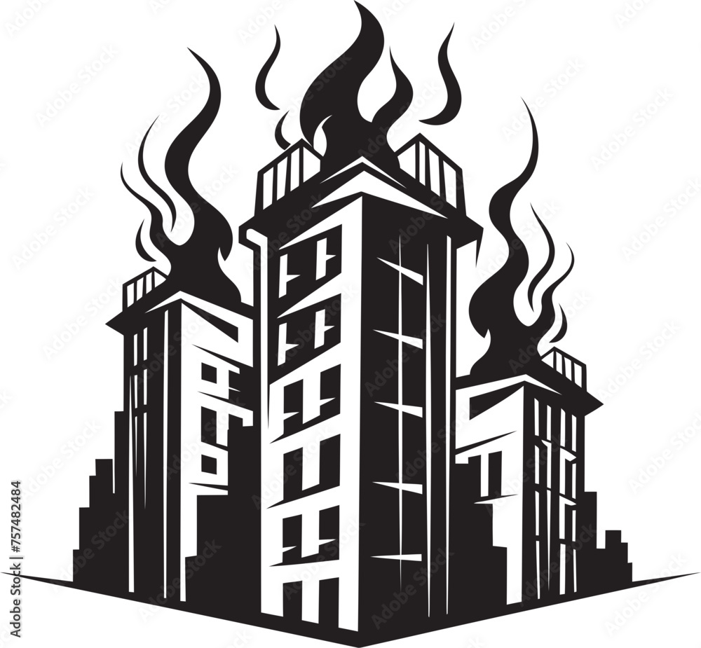 Incendiary Signal Building on Fire Vector Black Logo Icon Emergency Symbol Blaze in Building Vector Black Logo Design