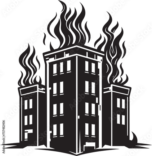 Disaster Preparedness Blaze in Building Vector Black Logo Design Incendiary Logo Building on Fire Vector Black Logo Icon