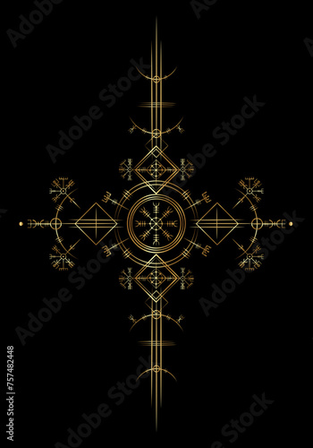 Magic ancient viking art deco, Gold Vegvisir navigation compass ancient. The Vikings used many symbols in accordance to Norse mythology,  widely used in Viking society. Logo icon Wiccan esoteric sign