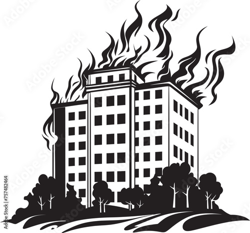 Conflagration Crisis Blaze in Building Vector Black Logo Design Incendiary Alert Building on Fire Vector Black Logo Icon