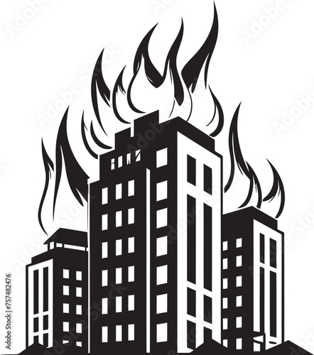 Firestorm Alert Burning Building Vector Black Logo Design Incendiary Signal Building on Fire Vector Black Logo Icon