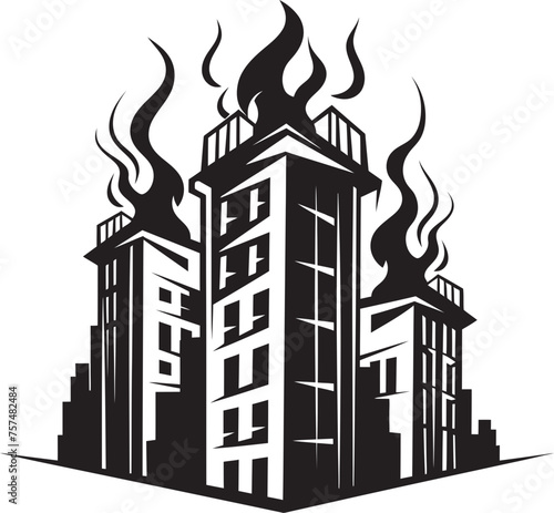 Incendiary Signal Building on Fire Vector Black Logo Icon Emergency Symbol Blaze in Building Vector Black Logo Design