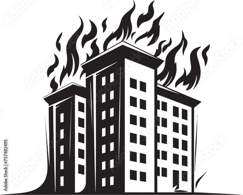 Incendiary Alert Building on Fire Vector Black Logo Icon Disaster Emblem Burning Building Vector Black Logo Design
