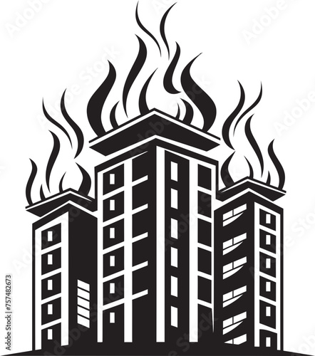 Incendiary Signal Building on Fire Vector Black Logo Icon Emergency Symbol Blaze in Building Vector Black Logo Design