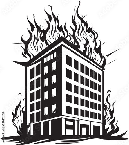Incendiary Alert Blaze in Building Vector Black Logo Design Disaster Response Building on Fire Vector Black Logo Icon