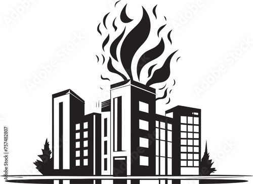 Fire Disaster Blaze in Building Vector Black Logo Design Inferno Emblem Building on Fire Vector Black Logo Icon