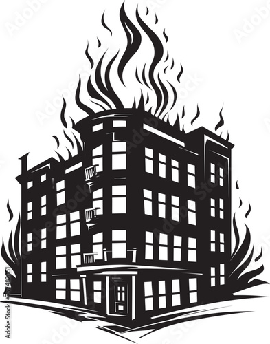 Incendiary Alert Blaze in Building Vector Black Logo Design Disaster Response Building on Fire Vector Black Logo Icon