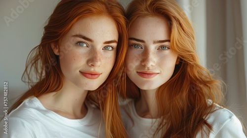 two women, twin sisters with red hair and freckles, pose and look at the camera. Portrait of two girls for National Siblings Day