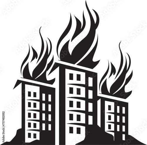 Incendiary Logo Building on Fire Vector Black Logo Icon Emergency Evacuation Burning Building Vector Black Logo Design