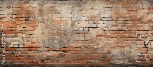 A detailed shot of an ancient brick wall with faded brown paint peeling off, showcasing the intricate brickwork and unique pattern of the building material