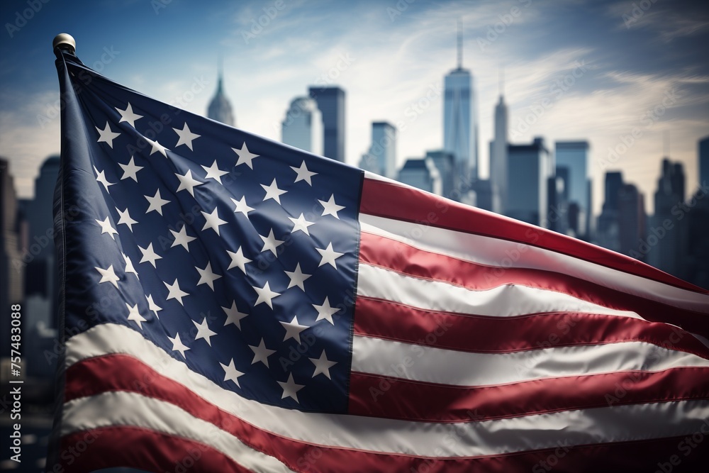 An American flag flutters in the wind against the backdrop of a city skyline, symbolizing patriotism and urban life.