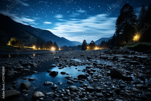 Water flowing through rocky valley under starry sky at night