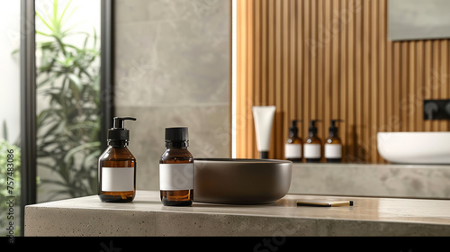 Two brown bottles with a dispenser and a bowl are showcased on a bathroom countertop with a bamboo background
