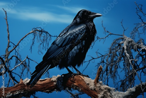 A black raven calmly sits on top of a tree branch against a blue sky, surveying its surroundings.