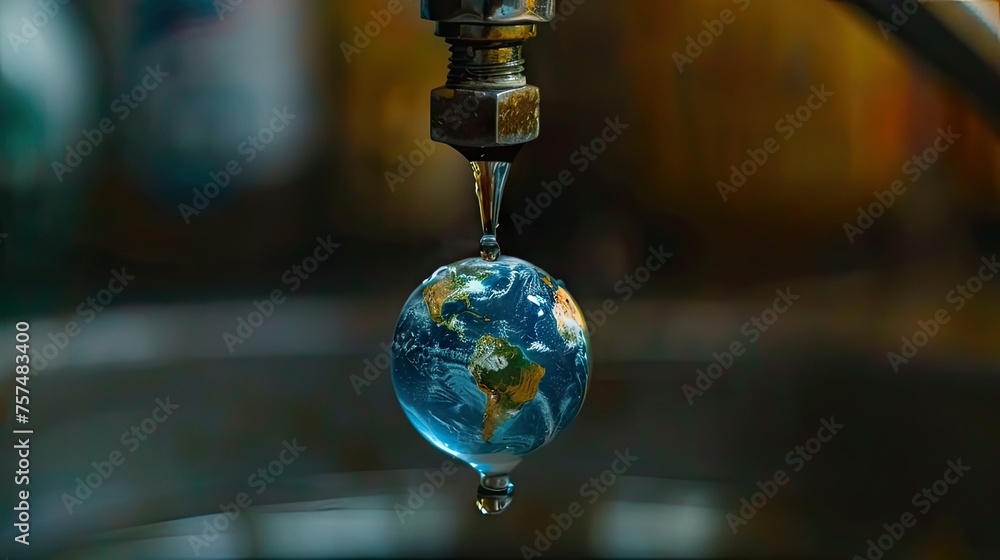 Save our planet: Witness a dripping tap with one drop resembling planet Earth, advocating for water conservation and environmental sustainability