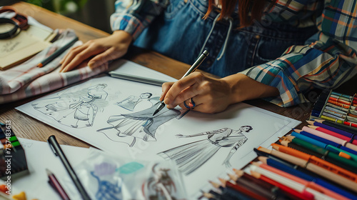 A Fashion Designer Sketching and conceptualizing designs for clothing, accessories, or footwear photo
