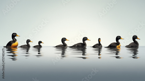 Group of black ducks gathered closely in a row on water, oriented to the right. Minimal concept of having all ducks in a row. Background with copy space photo