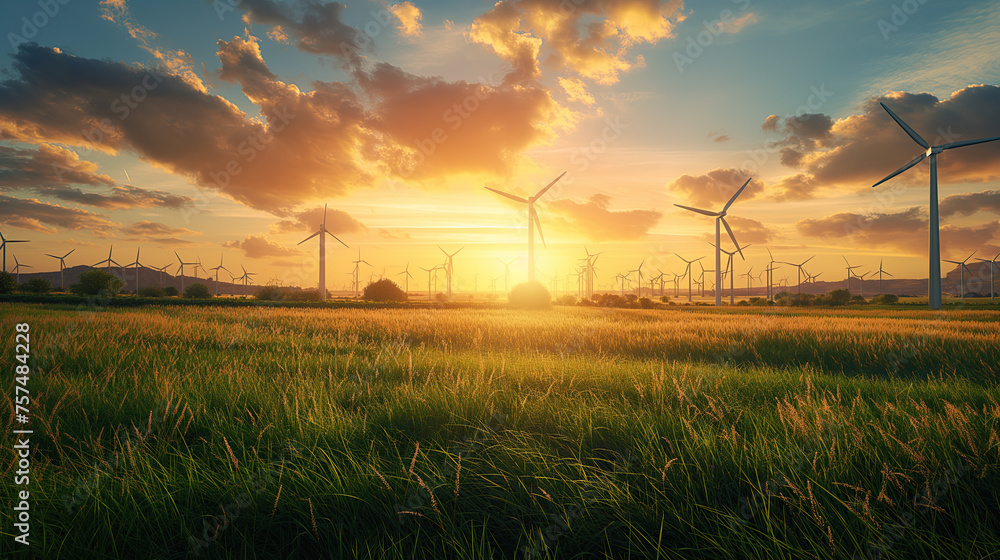 The golden sunset casts a warm glow over wind turbines in a serene, rural setting. Innovative solutions to address climate change, such as renewable energy technologies - obrazy, fototapety, plakaty 