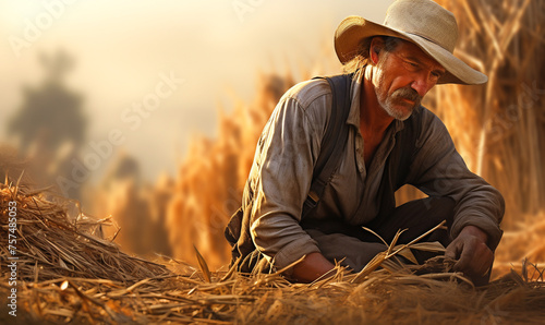 A weathered farmer in overalls and a straw hat at the field photo