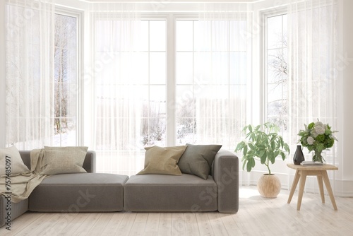 White living room with sofa. Scandinavian interior design. 3D illustration