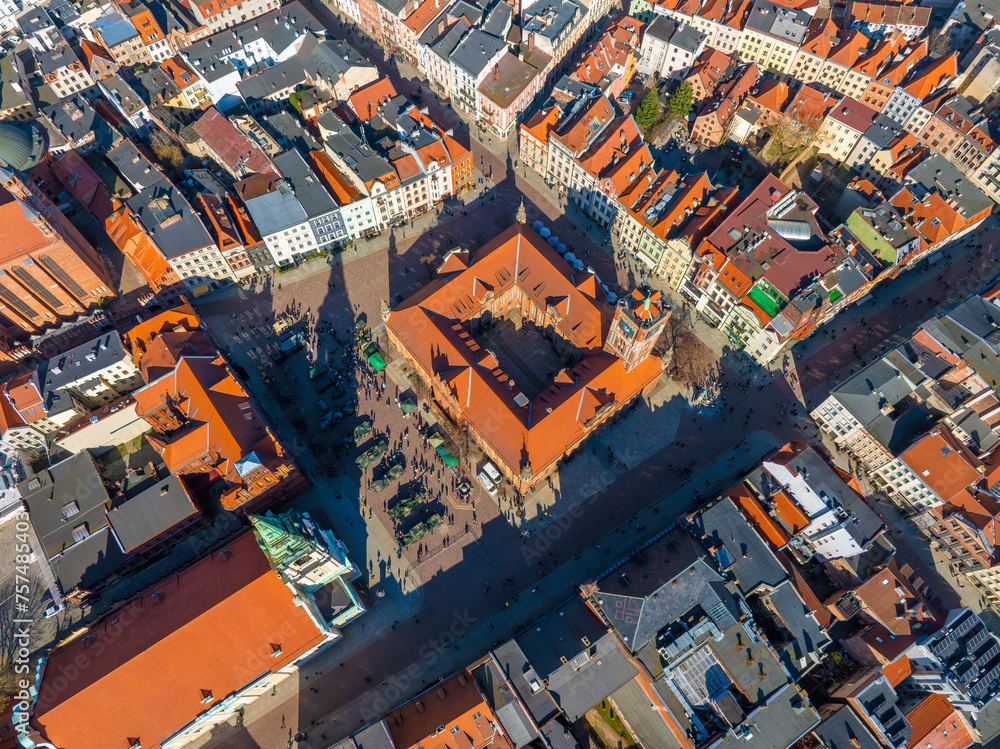 Aerial panoramic view of historical buildings and roofs in Polish medieval town Torun