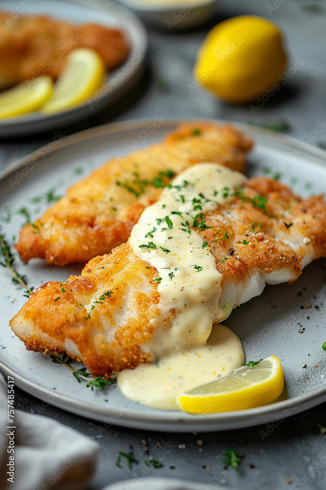 fried cod fillet with cream sauce and lemon fried cod fillet with cream sauce and lemon