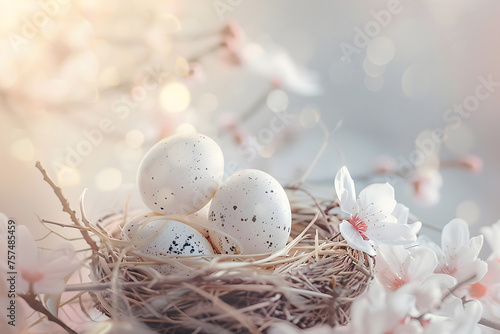 Painted Easter eggs in a nest among white flowers in the morning spring sun, pastel pink background, Happy Easter  day concept and idea