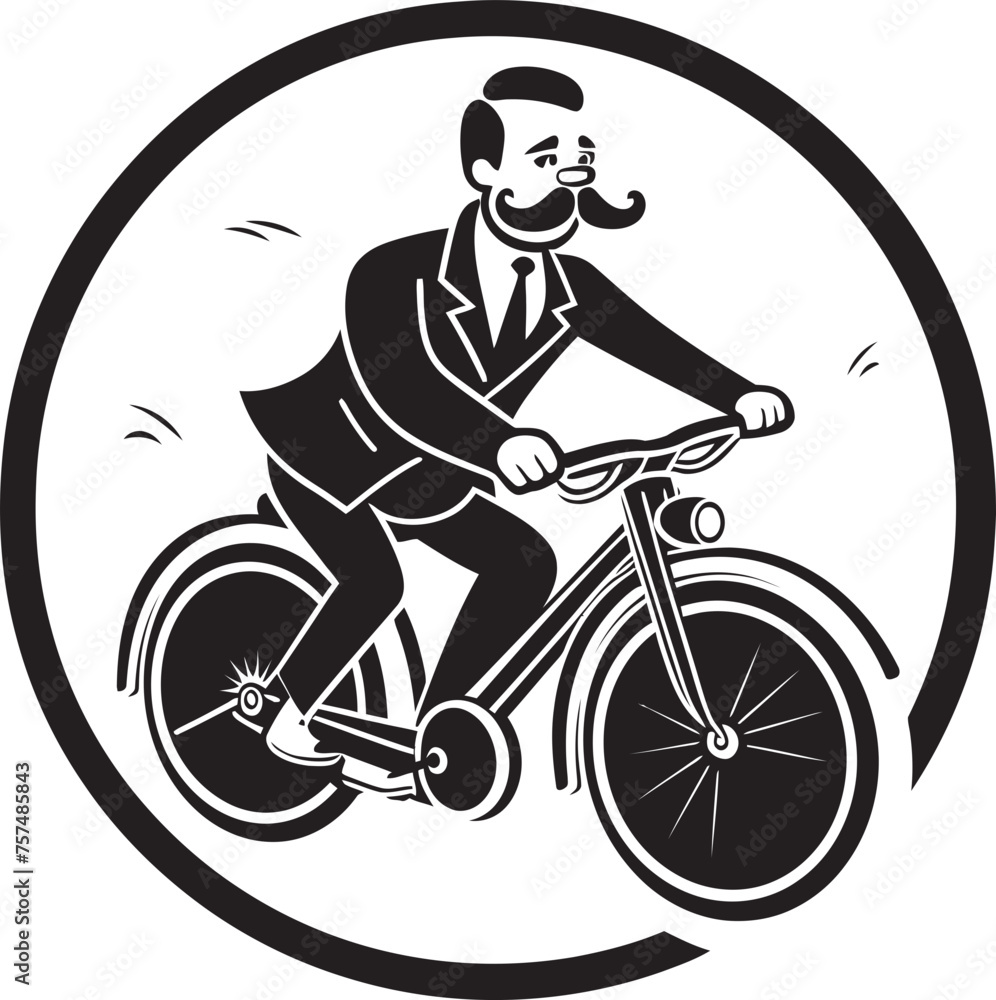 Fototapeta premium Pedal Pursuit Cartoon Man on Bike Vector Logo Emblem Cycling Journey Cartoon Man Riding Bike Black Emblem Icon