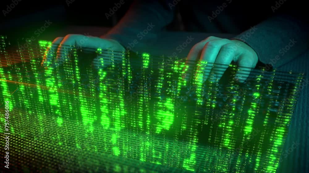 manos escribiendo un teclado. Pantalla de holograma verde tipo matrix. Imagen en movimiento. Ciberpunk. Hacker. 60 fps