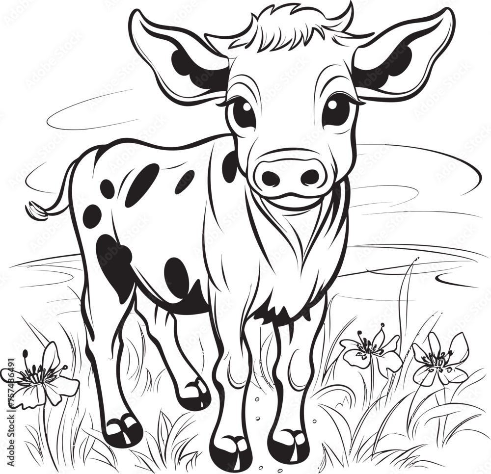 Whimsical Wonders Cartoon Cow Black Logo Emblem Coloring Extravaganza Cartoon Cow Page Vector Design