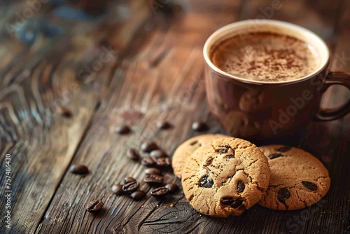 A cup of coffee and cookies on a wooden table.