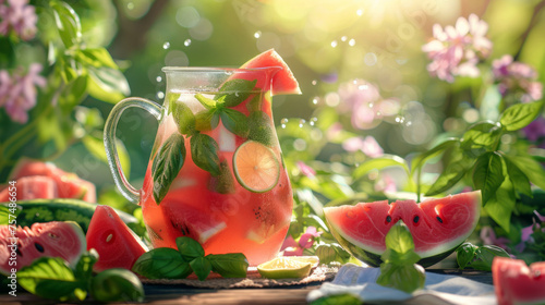 A summery scene with a pitcher of fresh watermelon lemonade surrounded by greenery on a sunny day photo