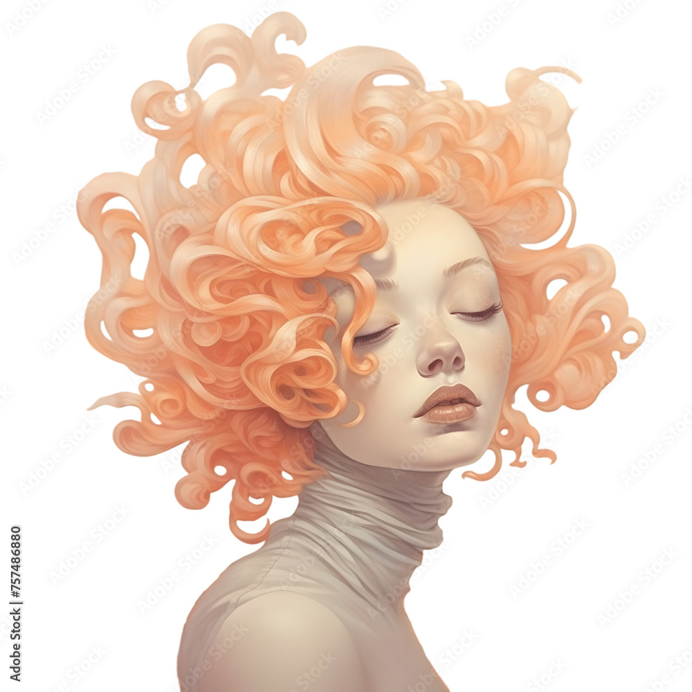Beautiful young women portrait with trendy peach color hair, PNG illustration isolated on transparent background.  Abstract fashion concept with trendy 2024 peach color. Close-up portrait of a woman.
