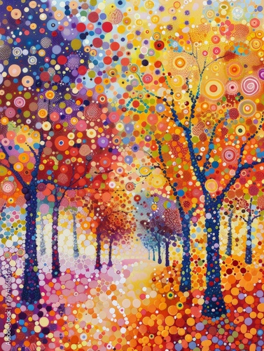 A painting depicting a vibrant forest with numerous colorful circles scattered throughout the scene.
