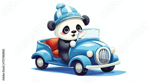 Cute Cartoon Panda boy in a cap goes on a Blue car