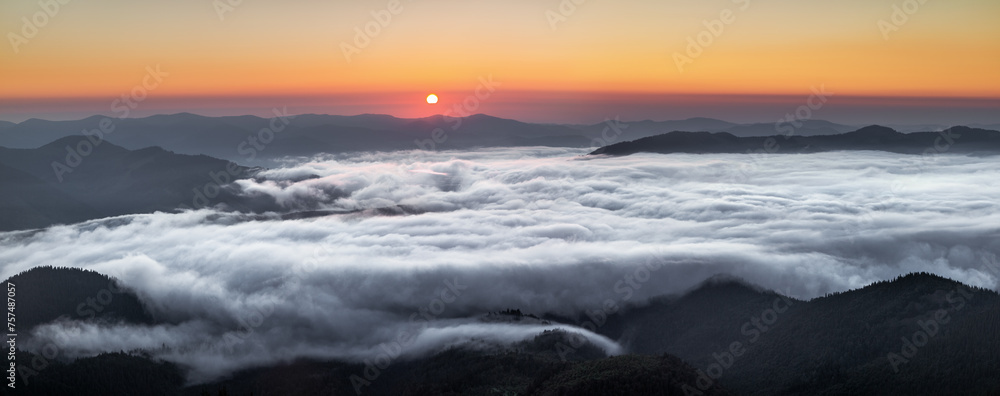Foggy morning. Panorama with sunrise. Landscape with high mountains. Touristic place Carpathian national park, Ukraine Europe. Natural scenery.