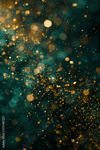 Abstract gold and green glitter lights background. Circle blurred bokeh. Festive backdrop for Christmas, St Patrick Day, party, holiday or birthday with copy space